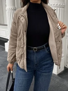 Cappotto Doriss Plus Size casual con cerniera laterale, tasche frontali, collo alto e maniche lunghe, adatto per l'inverno, colore marrone chiaro, stile minimalista, stile da corte, San Valentino, stagione dei matrimoni, Capodanno, stile bohémien, autunno e inverno - Castano - Visualizzare 2