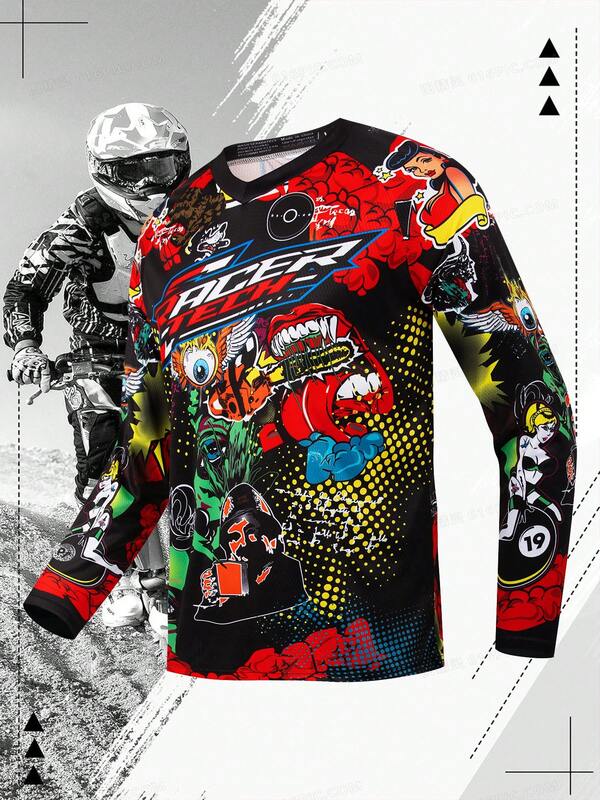 TELEYI Men's Letters Print Cycling Jersey, Active Long Sleeve V Neck Cycling T-Shirt For Biking Riding Sports