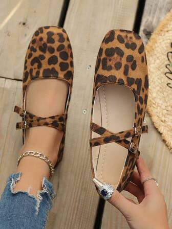 Zapatos planos de mujer con estampado de leopardo para primavera/otoño, bailarinas de moda con tiras cruzadas para uso diario, cómodos y ligeros mocasines con estilo retro y suela antideslizante