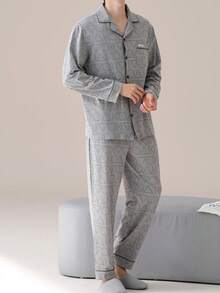 男士纯棉睡衣套装（两件套），长袖上衣和长裤，透气吸湿，春秋季/秋冬季服装