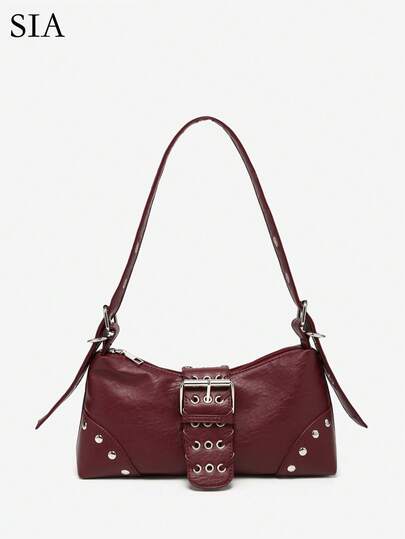 1 件女式复古 Melade 安哥拉红色做旧皮革豹纹摩托车包，带铆钉扣装饰，单肩包/腋下包/法棍包/方形包，适合工作、通勤、约会、派对