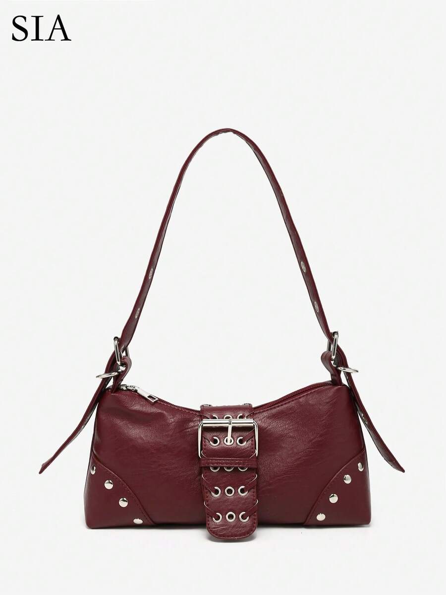 1 件女式复古 Melade 安哥拉红色做旧皮革豹纹摩托车包，带铆钉扣装饰，单肩包/腋下包/法棍包/方形包，适合工作、通勤、约会、派对 - 酒紅色 - 查看 1