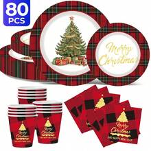 [New Arrivals For Christmas]Christmas Themed 100pcs/Set Disposable Tableware Set, Including 7-Inch Paper Plates, 9-Inch Cardboard, 9-Ounce Cups, Napkins, Suitable For Daily Gatherings, Birthday Parties, Bridal Showers, Baby Showers - Multicolor - View 1