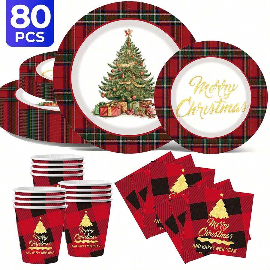 [New Arrivals For Christmas]Christmas Themed 100pcs/Set Disposable Tableware Set, Including 7-Inch Paper Plates, 9-Inch Cardboard, 9-Ounce Cups, Napkins, Suitable For Daily Gatherings, Birthday Parties, Bridal Showers, Baby Showers - Multicolor - View 1