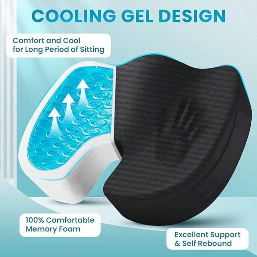 Office Chair Seat Cushion, Cooling Gel Enhanced Memory Foam Cushion For Long Sitting - Back, Sciatica, Coccyx, Tailbone Pain Relief Pillow - For Office, Gaming, Car, - Black - 黑色 - 查看 1