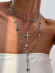 Conjunto de collar de aleación con cruz vintage en forma de Y decorado con rhinestones para mujeres