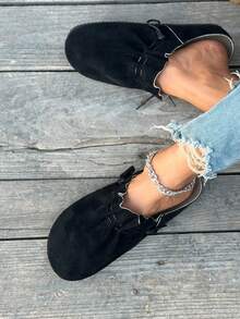 全新经典系带圆头舒适时尚休闲百搭软底平底鞋，平底鞋，秋季，穆勒鞋 - 黑色 - 查看 7