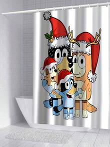[Christmas Bluey Shower Curtain Window Curtain Set] 1/3/4pcs Christmas Solid Color Santa Hat Bluey Family And Friends Holiday Pattern Printed Shower Curtain Set, Modern Design, Suitable For All Seasons, Waterproof Polyester Hooks And Lining, Flannel Material, Soft Surface, Absorbent Anti-Slip Bathroom Mat, Bathroom Set Includes U-Shaped Mat, Toilet Mat, Anti-Slip Bathroom Mat And Bathroom Accessories, Home Decor, Holiday Decor, Christmas Gift, Daily Decor, Gift Giving