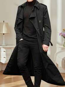 Men's Autumn Winter Long Coat Long Sleeve Lapel Solid Color Belted Windbreaker Jacket - 黑色 - 查看 3