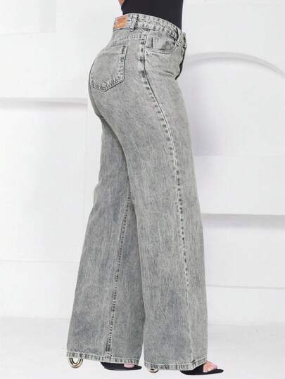 Calça Wide Leg Jeans Feminina Denim Levanta Bumbum Cós Alto tecido grosso Premium Grafite Perna Larga Marmorizada100% Algodão Gringa