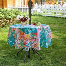 Mantel redondo de 60 pulgadas para interiores y exteriores, resistente al agua y con agujero para paraguas, en color licencia tropical - Cachemira - Ver 4