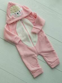 Baby Jumpsuit With Animal Print, Hood, And Zipper – Super Cute And Warm | Sizes Newborn To Large - Baby Pink - View 2