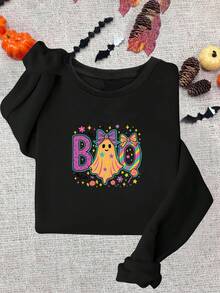 Sudadera de cuello redondo de manga larga para mujer talla grande de otoño e invierno, con elementos personalizados de Halloween, diseño lindo de fantasma y letras, sudadera de manga larga para mujer talla grande de otoño e invierno