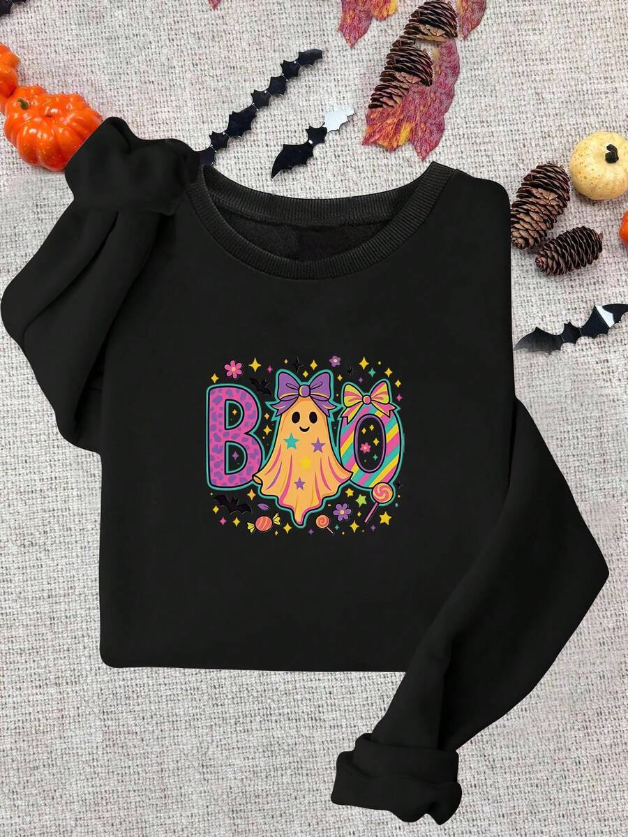 Sudadera de cuello redondo de manga larga para mujer talla grande de otoño e invierno, con elementos personalizados de Halloween, diseño lindo de fantasma y letras, sudadera de manga larga para mujer talla grande de otoño e invierno