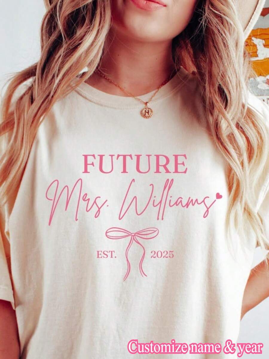 1pc Personalized Future Mrs. Shirt Custom Engagement Outfit Coquette Bachelorette Party TShirt Fiancee Gift Bridal Shower T-Shirt - 白色 - 查看 1