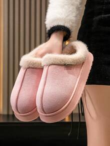 Unisex Fluffy Autumn/Winter Slippers - Indoor Non-Slip, Warm Comfortable Solid Color Plush Slip-On - Pink - View 4