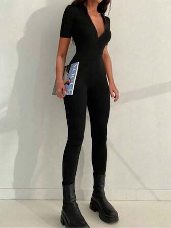Sexy Streetwear Fitted Zip-Up Short Sleeve V-Neck Jumpsuit Unitard, , Fashionable For Spring And Summer