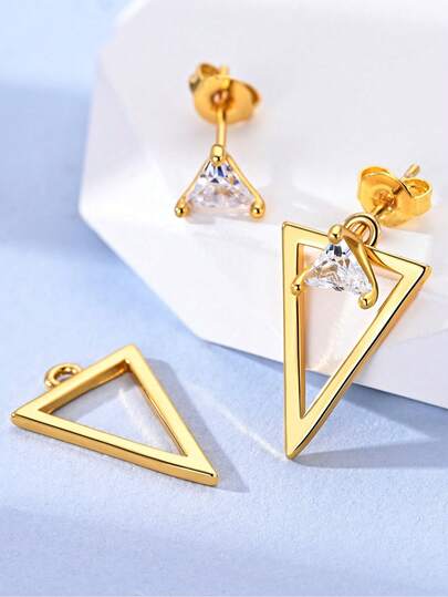 1 对原创 925 纯银耳钉，女士金色三角形镂空简约经典风格闪耀方晶锆石优雅耳环珠宝礼物适合日常派对购物