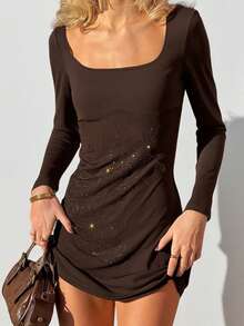 Abito aderente a maniche lunghe con decorazioni in strass da donna WOWDARK, autunnale