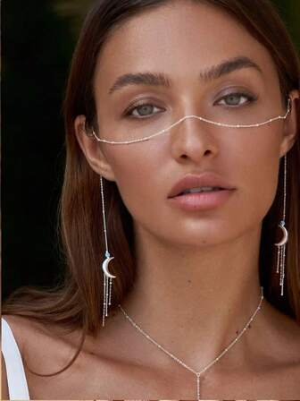 1pc Celestial Boho Face Chain For Women, Lightweight 4.5g Adjustable 70cm, Crescent Moon Tassel & Beaded Accents, Copper Nose-Bridge Ear-To-Ear Chain Jewelry, Comfortable No-Piercing Design, For Festival, Party, Concert, Photoshoot, Daily Layering