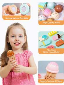 儿童木制冰淇淋柜台玩具套装，幼儿女孩玩具厨房玩具套装过家家礼物，适合 3 4 5 6 岁女孩或男孩，食物舀取和盛放玩具，适合 3-8 岁儿童的玩具厨房套装