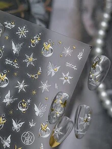 1PC Winter Butterfly Snowflake & Star Moon Nail Sticker, 5D Gold Foil Nail Decal, DIY Casual Daily Nail Art Decorations, Nail Supplies For Women & Girls, Self-Adhesive, Reusable, Perfect For Winter Holiday & Birthday Gifting