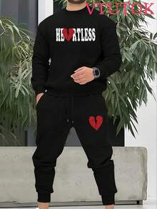 (2PC)VTUTOK  Men's Printed Round Neck Sweatshirt Long Pants Set, Street Style Long Sleeved Sweatshirt Top+Drawstring Waist Cinching Sports Pants Casual Set, Autumn Set,HEORTLESS