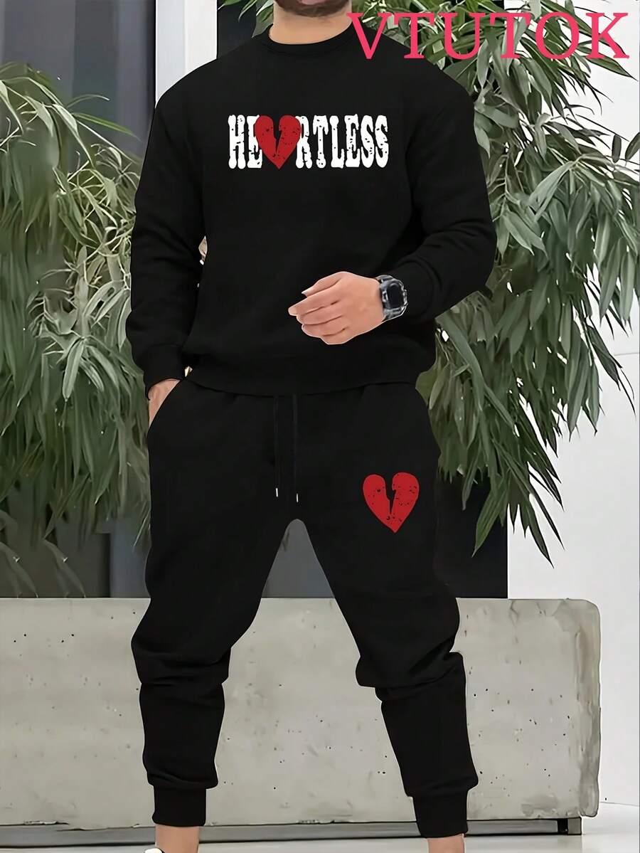 (2PC)VTUTOK  Men's Printed Round Neck Sweatshirt Long Pants Set, Street Style Long Sleeved Sweatshirt Top+Drawstring Waist Cinching Sports Pants Casual Set, Autumn Set,HEORTLESS