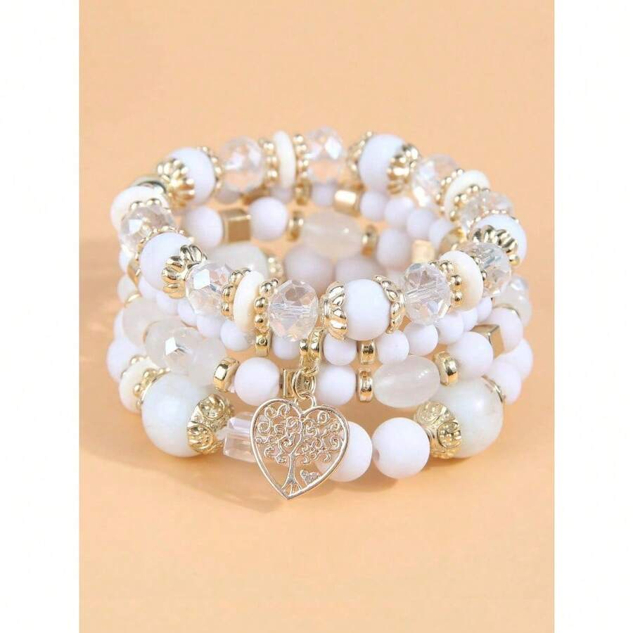 4pcs/Set Heart Charm Beaded Bracelet Valentines,Mom,Mother,Mother's Day,Gift - 白色 - 查看 1
