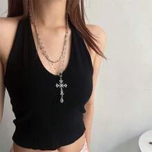 1pc Y2K Style Multi-Layer Crystal Beaded Cross Pendant Necklace, Unique Gothic Grunge Choker Necklace, Suitable For Party, Date, Banquet, Friend Gift, Matching Daily Outfit Accessories