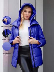 Zip Up Hooded Padded Coat For Winter - Blue - View 1