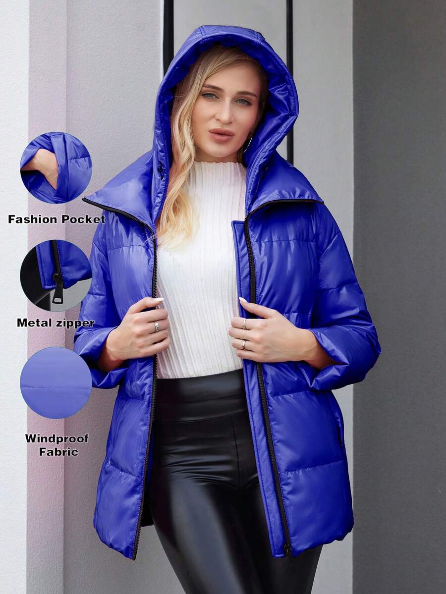 Zip Up Hooded Padded Coat For Winter - Blue - View 1