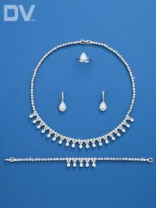 DV JEWELRY 5 件/套方晶锆石半钻石镀白金奢华项链、手链、耳环、开口戒指首饰套装，优雅珠宝礼物，适合女性、派对、周年纪念，礼盒包装 - 銀色 - 查看 3