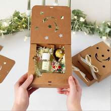 Christmas Minimalist Hollow Square Star Moon Beige Bow Gift Box In Stock, Flip-Cover Folding Square Gift Box Star Moon White Bow, Square Kraft Paper Gift Box - Multicolor - View 6