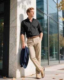 Men's Wrinkle Dress Shirts Formal Long Sleeve Button Down Wedding Business, Style - Black - View 3