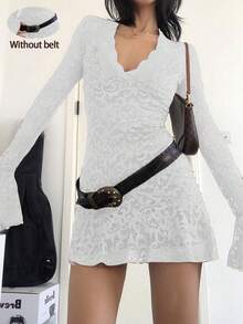 2件套新款女式蕾丝拼布喇叭袖连衣裙，春夏