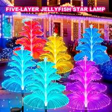 1 pieza Lámpara de medusa de cinco capas con estrella con iluminación LED multicolor, excelente opción para la decoración navideña, adecuada para reuniones festivas interiores y exteriores, mejora de fiestas, decoración de jardín y patio. Decoración navideña, decoración del árbol de Navidad, regalo, decoración para bodas, suministros para fiestas, interior, exterior, jardín, días festivos, Halloween, decoración de Acción de Gracias