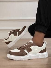 Neue modische Damen Lässig Schuhe für Herbst/Winter, weiß & braun neutrale stilvolle minimalistische Sneaker, zweifarbige Patchwork Lässig Skaterschuhe, Schnürsenkel Sneaker mit dicker Sohle, Unisex-Design - Braun - Übersicht 3