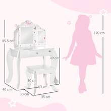 HOMCOM Toeletta per Bambini con Sgabello in Legno, Tavolo Trucco con Triplo Specchio, 63x40x85.5cm - Rosa - Visualizzare 3