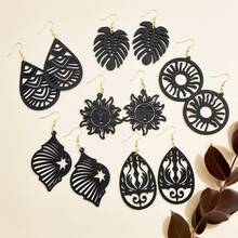 6 perechi de cercei cu pandantiv din lemn, stil boem vintage, design unic cu simboluri, textură naturală și formă artistică, întâlnire romantică, potriviți pentru petreceri și asortare zilnică, soare și model geometric distinctiv, cadou de bijuterii pentru femei, cercei la modă pentru toamnă/iarnă