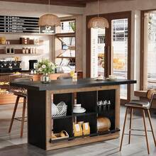 Tribesigns 62.6" Rectangular Bar Table With Storage, Home Bar Cabinet Unit With 6 Spacious Cubbies And Metal Footrests, Large Counter Height Pub Table For Home Kitchen, Dining Room, Brown & Black - Nâu + Đen - Xem 1