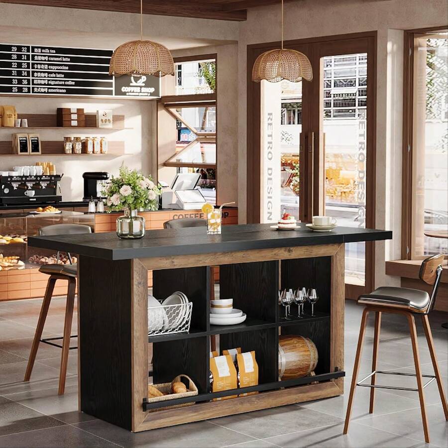Tribesigns 62.6" Rectangular Bar Table With Storage, Home Bar Cabinet Unit With 6 Spacious Cubbies And Metal Footrests, Large Counter Height Pub Table For Home Kitchen, Dining Room, Brown & Black - Nâu + Đen - Xem 1