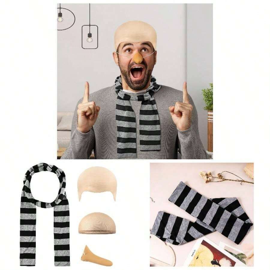 4 Pcs Adults Costume Accessories Set Black Gray Striped Scarf Nose