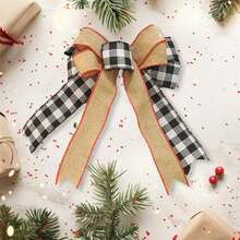 Lazos para árbol de Navidad con purpurina, adornos de lazo a cuadros de búfalo para fiestas navideñas en casa. - Negro - Ver 4
