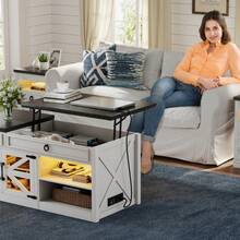 HNEBC 48" Farmhouse Coffee Table With Lifting Top, LED Center Table With Human Sensor Light,Lift Top Coffee Table With Charging Station,Outlets,Drawer,Hidden Storage Compartment,Living Room - Xem 5