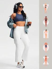 Womens Fleece Lined Pants High Waisted Flare Cargo Leggings For Women 6 Pockets Hiking Outdoor Winter Thermal - 白色 - 查看 6