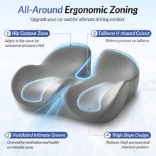 Car Seat Cushion For Driving With Cooling Gel, Ergonomic Memory Foam Seat Cushion For Car Provides Sciatica, Back, Tailbone Pain Relief And Intimate Ventilation, Anti-Slip & Breathable Cover,19066752 - 灰色 - 查看 2