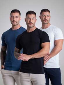 Kit Of 3 Men's Egyptian Cotton T-Shirts Casual-Minimalist Style Slim Fit Contrast Mesh Shirt - 黑色/白色/藍色 - 查看 14