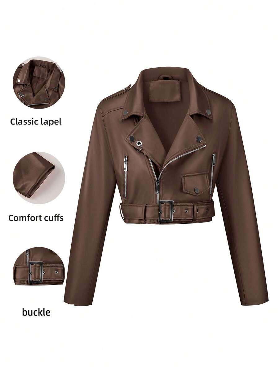 Risissida Women's Fall/Winter Street Wear Faux Leather Cropped Biker Jacket - Asymmetric Zip, Adjustable Belt For Edgy Urban Street Commuting Spring White - Brown - View 1