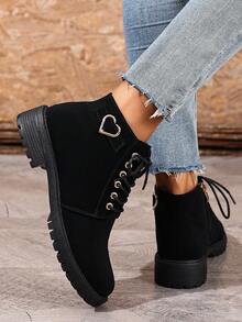 Botas de motocicleta de moda versátil y lujosa con cordones y cremallera lateral, estilo retro europeo y americano con tacón grueso y tacón bajo, adecuado para vacaciones y vuelta al colegio, botines y botas cortas, botas cálidas con cabeza redonda y botón de amor, botas con hebilla de metal para mujer, zapatos de oficina para mujer, botas de invierno deslizantes